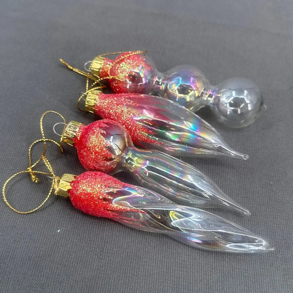4 VTG Blown Glass Icicle Christmas Ornaments Clear Iridescent Pink Glitter Glam